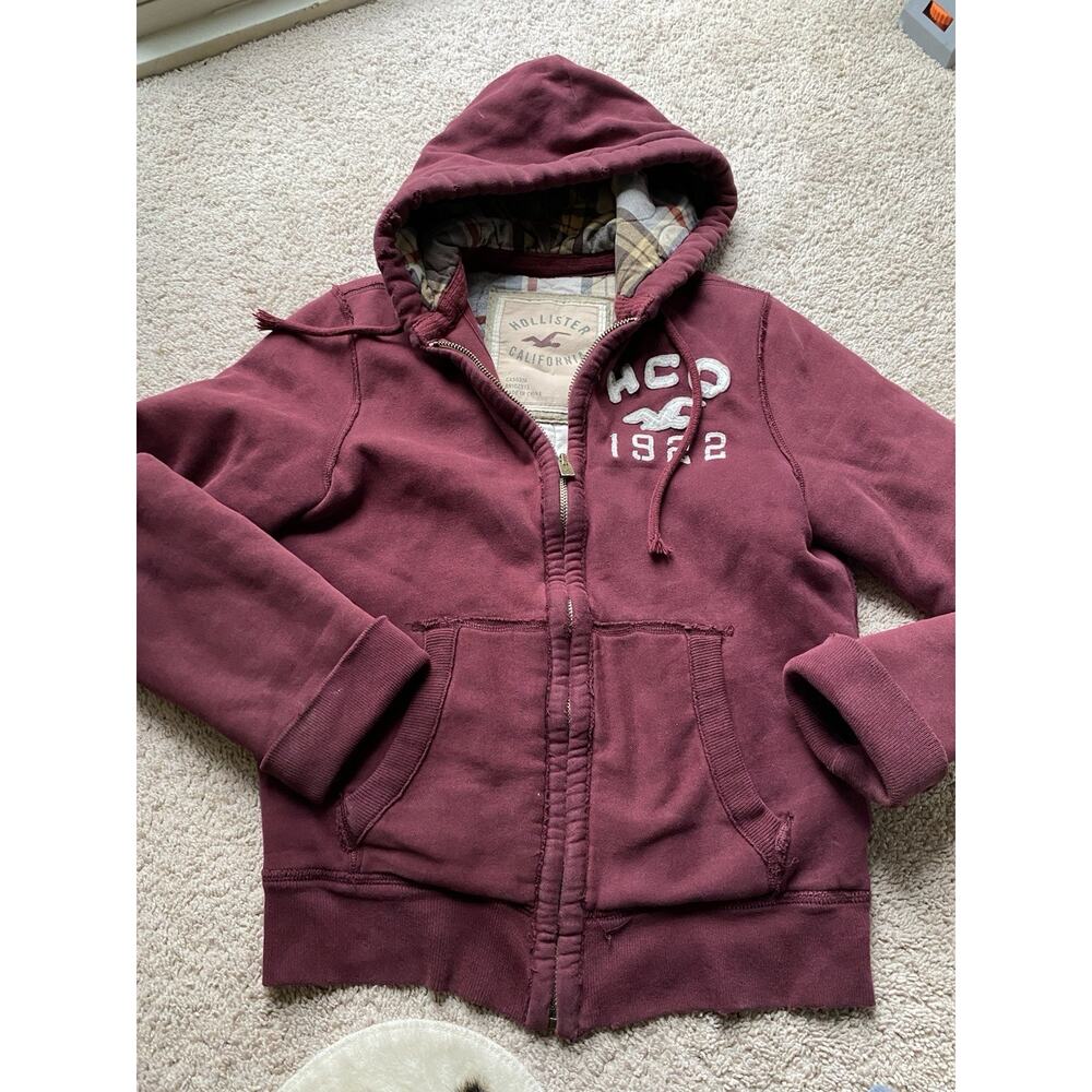Vintage Hollister Co. Maroon Distressed Jacket Hoodie Plaid Lining Sm